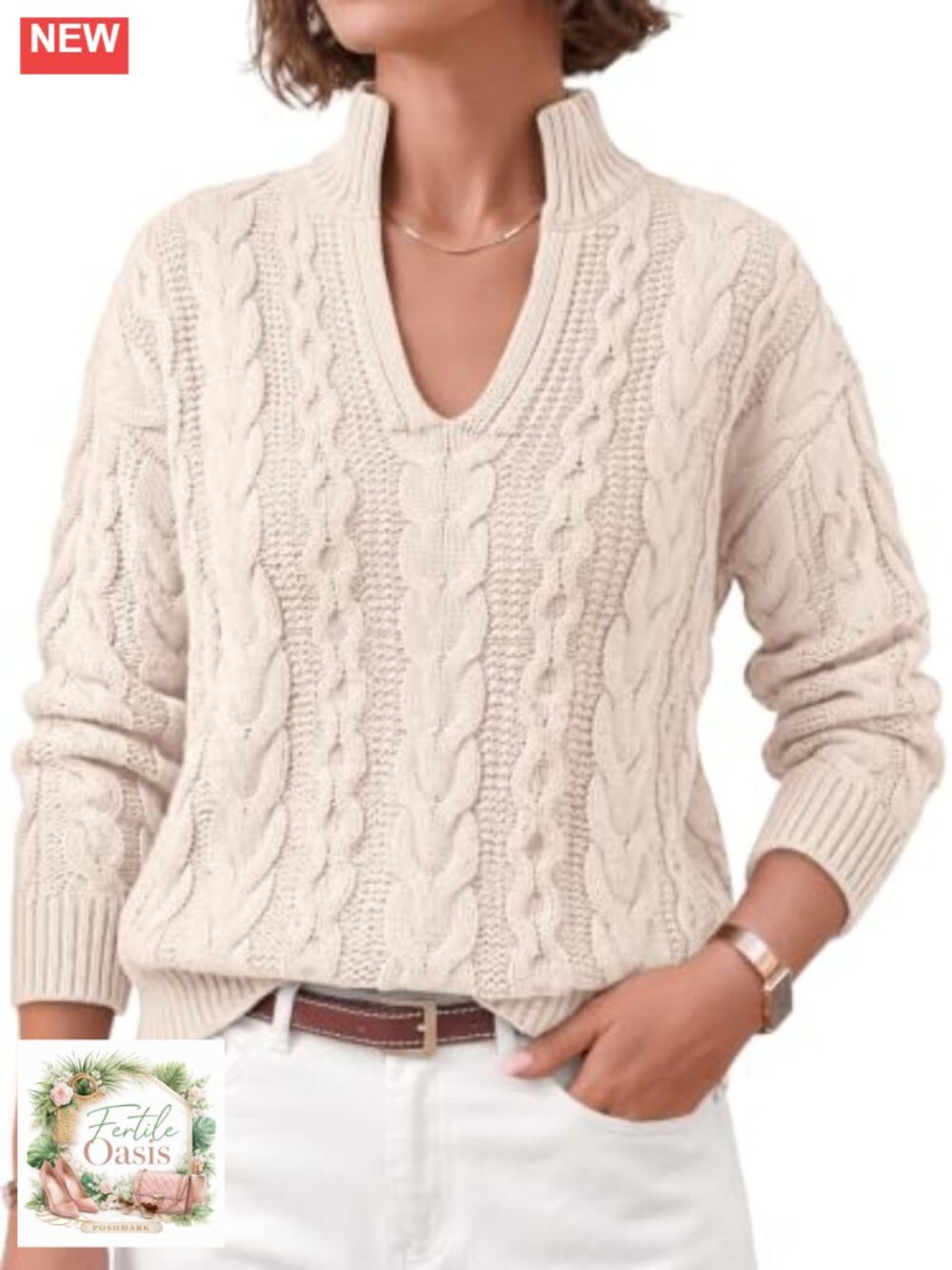 Women Split Mock Neck Cable Knit Pullover Sweater - Medium-Weight Cotton Blend